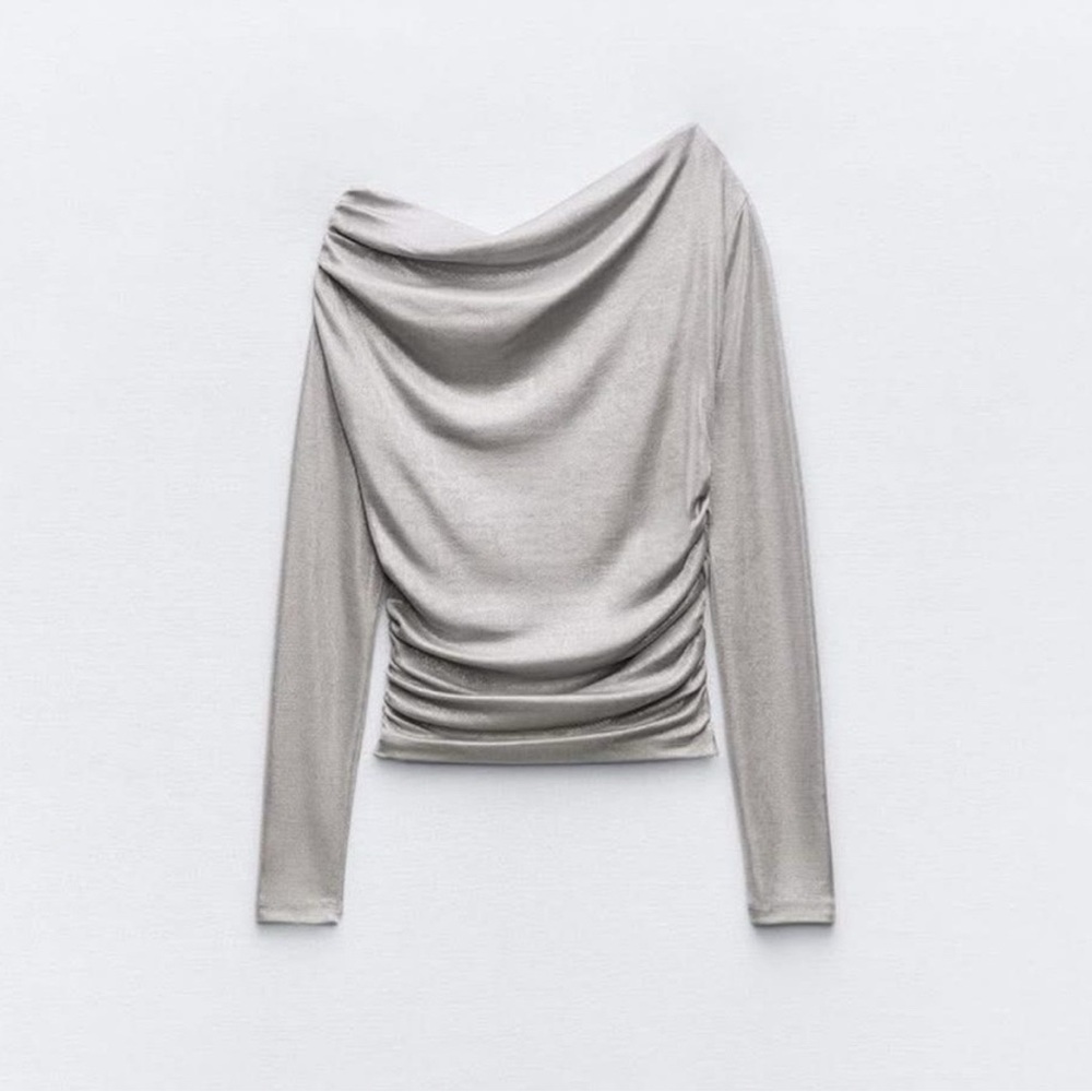 Beautiful Zara Metallic Silver Draped Long Sleeve Top